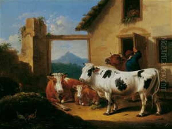 Lagerndes Vieh Vor Dem Stall Oil Painting by Johann Baptist Dallinger von Dalling the Younger