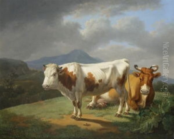 Stier Und Kuh Oil Painting by Johann Baptist Dallinger von Dalling the Younger