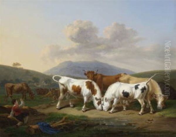 Zwei Kampfende Stiere Oil Painting by Johann Baptist Dallinger von Dalling the Younger