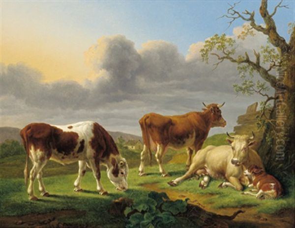 Kuhe Auf Der Weide Oil Painting by Johann Baptist Dallinger von Dalling the Younger