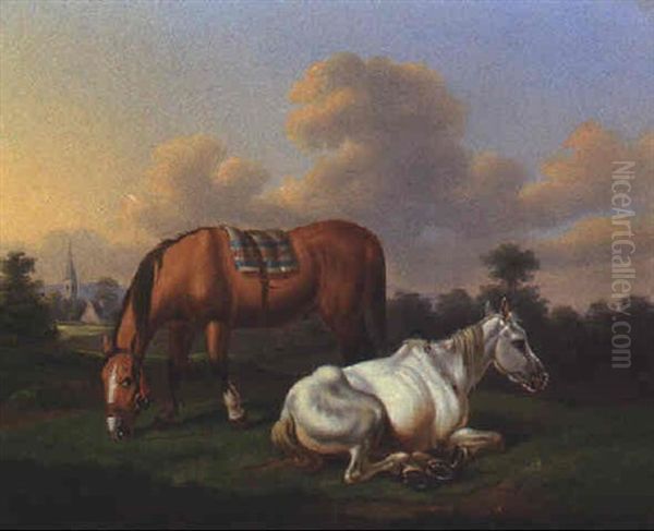 Zwei Pferde Auf Der Weide Oil Painting by Johann Baptist Dallinger von Dalling the Younger