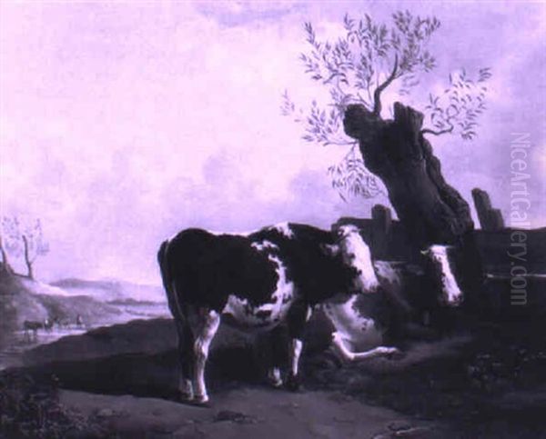 Cows Resting Along A River Oil Painting by Johann Baptist Dallinger von Dalling the Younger