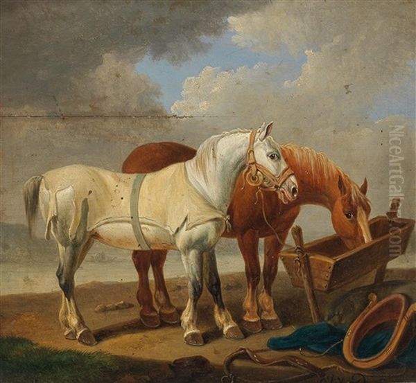 Horses At The Trough Oil Painting by Alexander Johann Dallinger Von Dalling