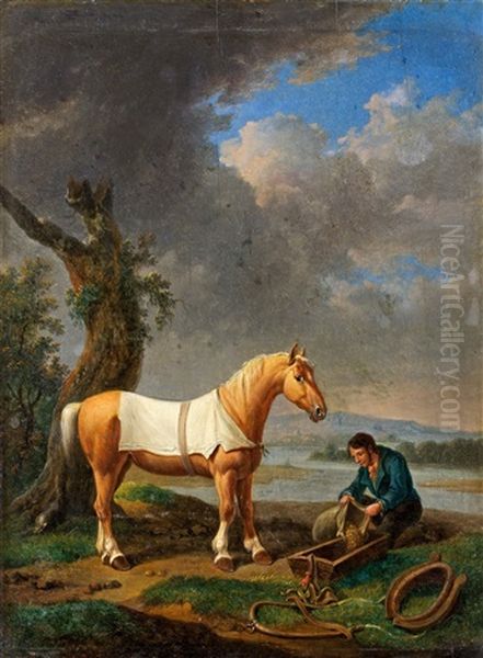 Flodlandskap Med Rastande Hast Och Ryttare Oil Painting by Alexander Johann Dallinger Von Dalling