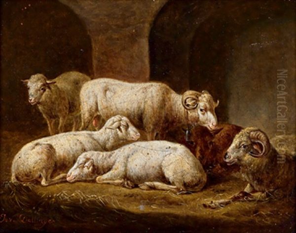 Schafe Im Stall Oil Painting by Alexander Johann Dallinger Von Dalling