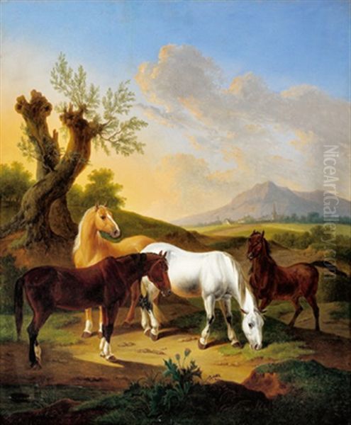 Pferde Auf Der Weide Oil Painting by Alexander Johann Dallinger Von Dalling