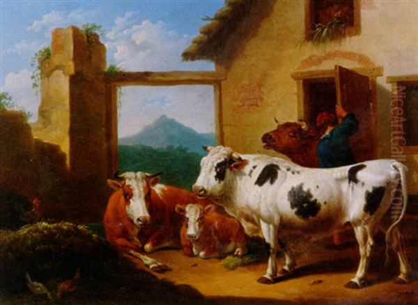 Kuhe Mit Kalb Vor Einem Gehoft Oil Painting by Alexander Johann Dallinger Von Dalling