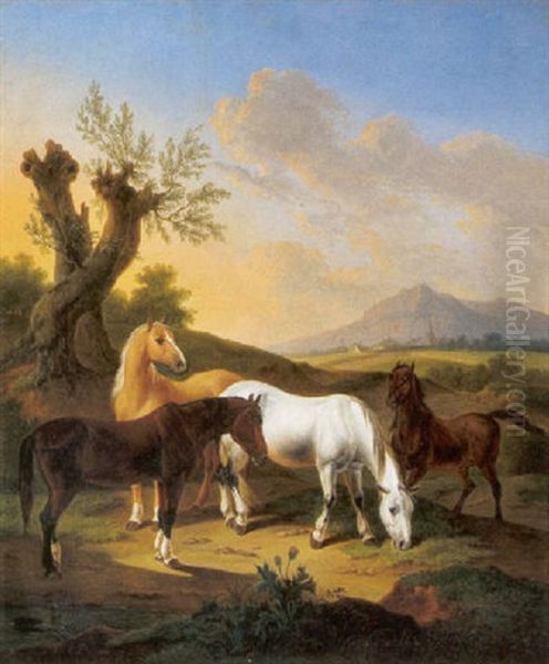 Pferde Auf Der Weide Oil Painting by Alexander Johann Dallinger Von Dalling