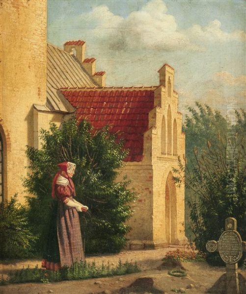 Woman By A Church Oil Painting by Christen Dalsgaard