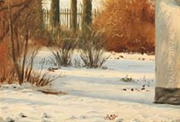 Winter Landscape With Sunlight In A Garden Oil Painting by Christen Dalsgaard