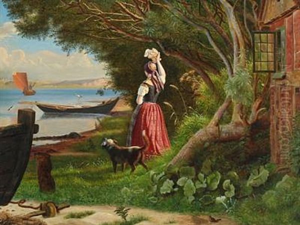 En Ung Pige, Der Vifter Farvel, Inlet Scenery With A Young Girl Parting From Her Lover, Standing With Her Dog Outside A Half-timbering House Oil Painting by Christen Dalsgaard