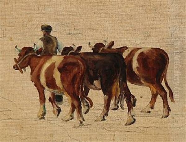 A Farm Boy With Cows. Sketch Oil Painting by Christen Dalsgaard