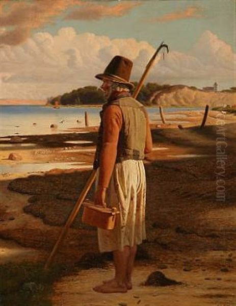 En Gammel Fisker Paa Stranden Ved Limfjorden (an Old Fisherman On The Beach At Limfjorden Inlet In Jutland) Oil Painting by Christen Dalsgaard