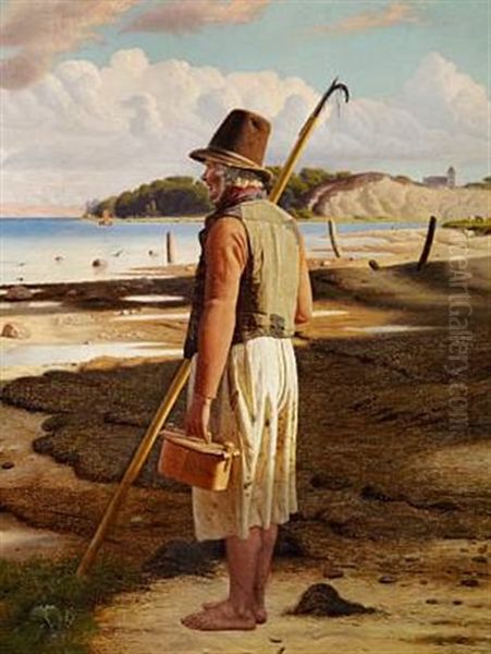 An Old Fisherman On The Beach, Limfjorden In Jutland Oil Painting by Christen Dalsgaard