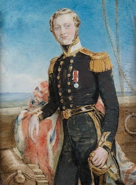 A Naval Sub-lieutenant (of The Artist's Family?), Wearing Blue Uniform With Gold Trimmed White Collar And Gold Epaulettes, The Medal Of The 1st China War At His Chest Oil Painting by Mrs. Edwin (nee Magdalena Ross) Dalton