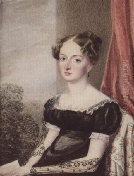 A Lady Wearing Black Dress With White Lace Collar And Cuffs, Black Lace Shawl And Drop Earring, Holding A Letter Oil Painting by Mrs. Edwin (nee Magdalena Ross) Dalton