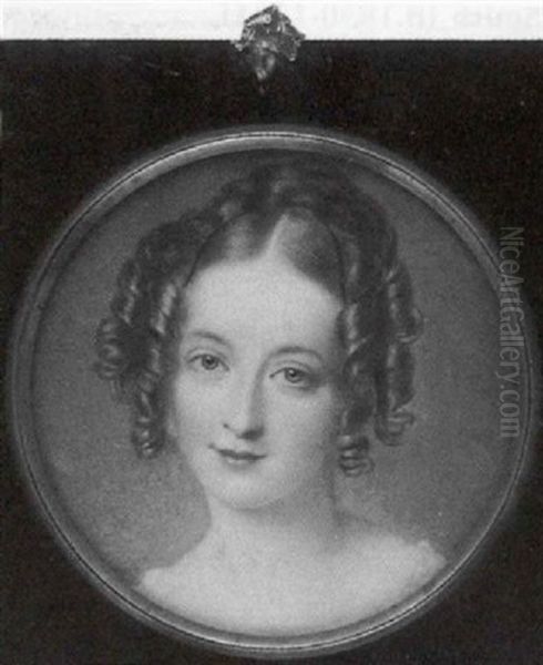 Mrs. Spencer Smith In White Dress, A Black Ribbon In Her Curled Brown, Hair Oil Painting by Mrs. Edwin (nee Magdalena Ross) Dalton