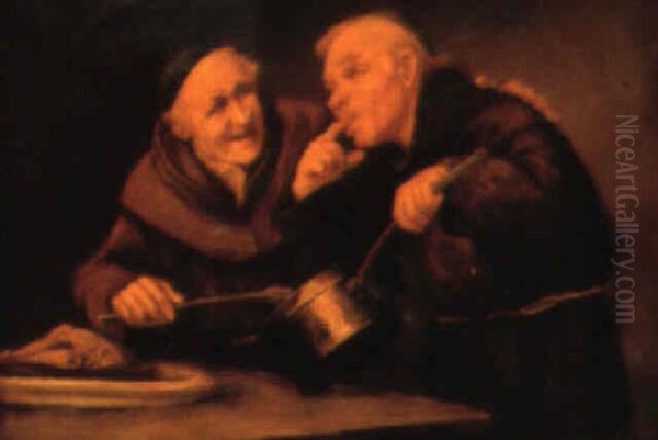 Two Jovial Monks Seated At A Tavern Table Drinking And Eating Oil Painting by Matthew A. Daly