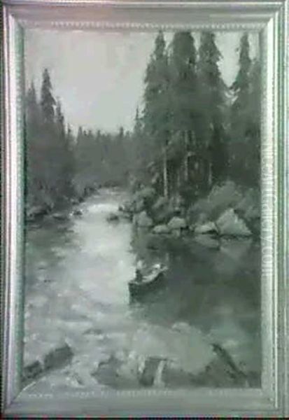 Scenic Depiction Of Fisherman On Lake Surrounded By Pine    Forest Oil Painting by Matthew A. Daly