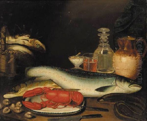 Fish, A Lobster And Some Cockles On A Kitchen Table Oil Painting by Alexandre Dalziel