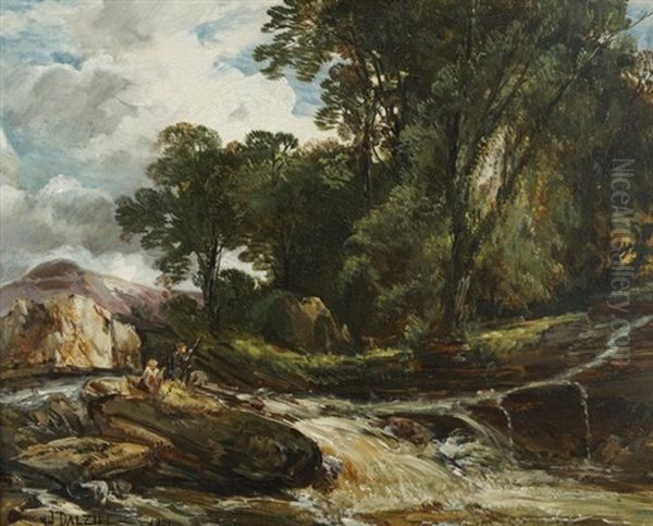 Fishermen By A Waterfall Oil Painting by James B. Dalziel