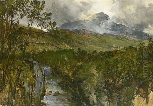 Herbstliche Hugelige Flusslandschaft (+ Skizze Einer Dorflandschaft; Verso) Oil Painting by James B. Dalziel