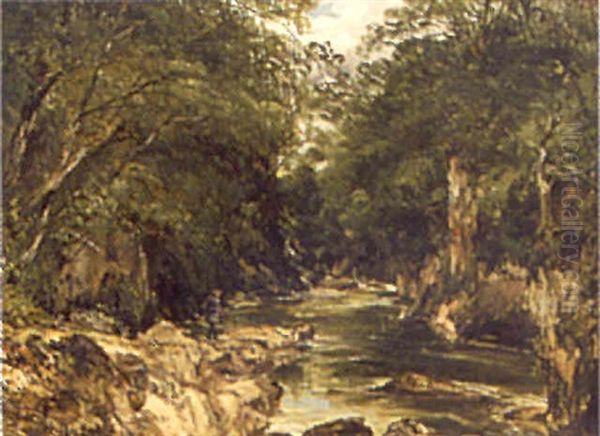 A Fisherman On The Banks Of A River Oil Painting by James B. Dalziel