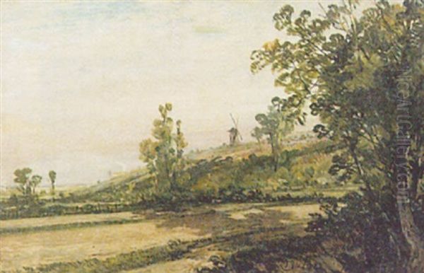 Country Landscape With Windmill Oil Painting by James B. Dalziel