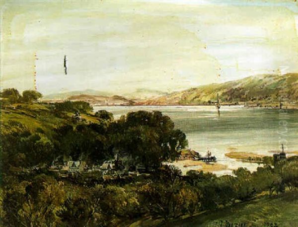 View Of A Bay With A Small Town Oil Painting by James B. Dalziel