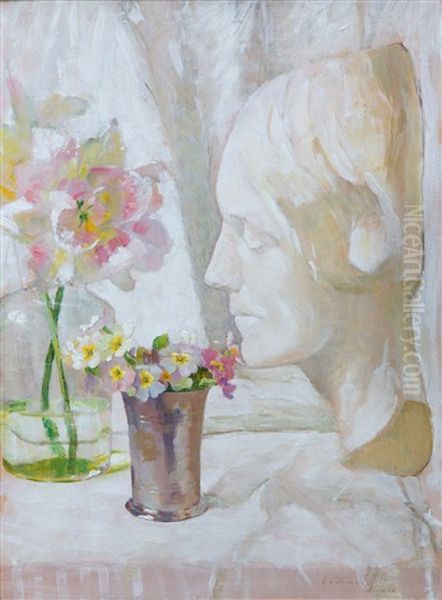 A Still Life With A Summer Bouquet And The Mask 'l'inconnue De La Seine' Oil Painting by Lucie Van Dam Van Isselt