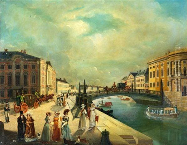 Le Pont De La Police Sur La Moskva Avec Le Palais Stroganoff, St Petersbourg Oil Painting by Michel-Francois Damane-Demartrais