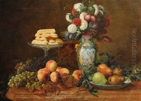 Nature Morte Au Grappes De Raisin, Peches, Poires, Boudoirs Et Vase De Fleurs Oil Painting by Eugene Damas