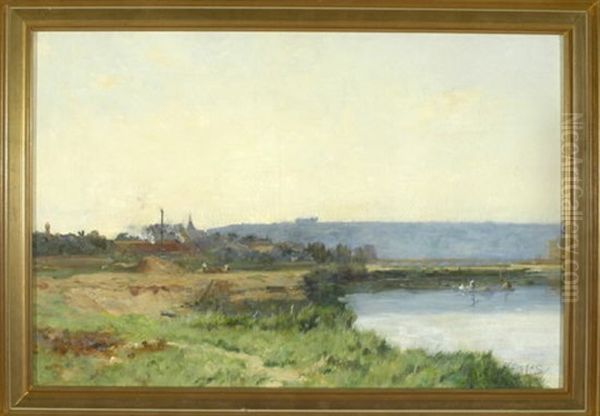 Franzosische Flusslandschaft Mit Stadt Im Hintergrund by Eugene Damas