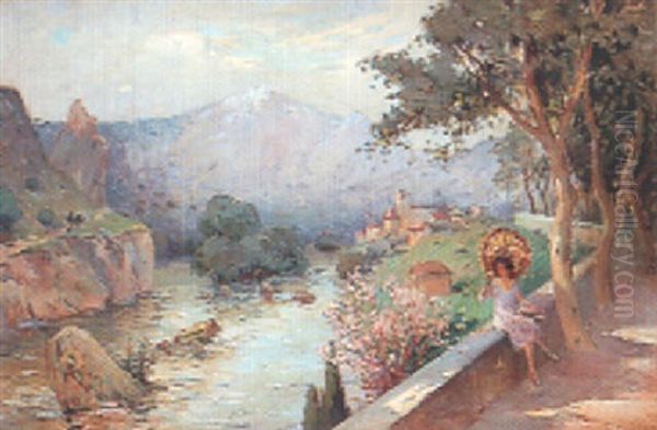 Femme A L'ombrelle Au Bord De La Riviere Oil Painting by Leon Eugene Jerome Dambeza