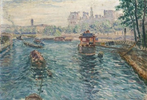 Bateaux Sur La Seine Oil Painting by Edouard-Jean Dambourgez