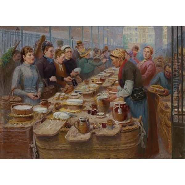 Marchandes De Creme Et De Fromage Blanc Aux Halles - Cream And Cheese Sellers Of Les Halles Oil Painting by Edouard-Jean Dambourgez