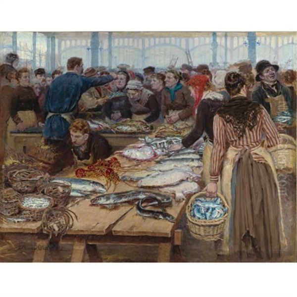 Les Halles, Criee Au Poisson - Fish Auction At Les Halles Oil Painting by Edouard-Jean Dambourgez