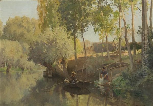 Washerwoman On A Riverbank Oil Painting by Emile Charles Dameron