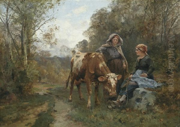 Two Country Women And A Cow In A Woodland Landscape Oil Painting by Emile Charles Dameron