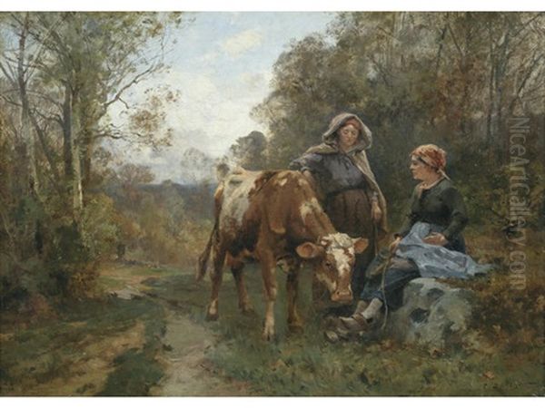 Two Country Women And A Cow In A Woodland Landscape Oil Painting by Emile Charles Dameron