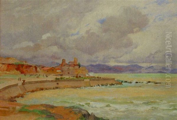 La Plage De La Salice Et Les Remparts D'antibes Oil Painting by Emile Charles Dameron