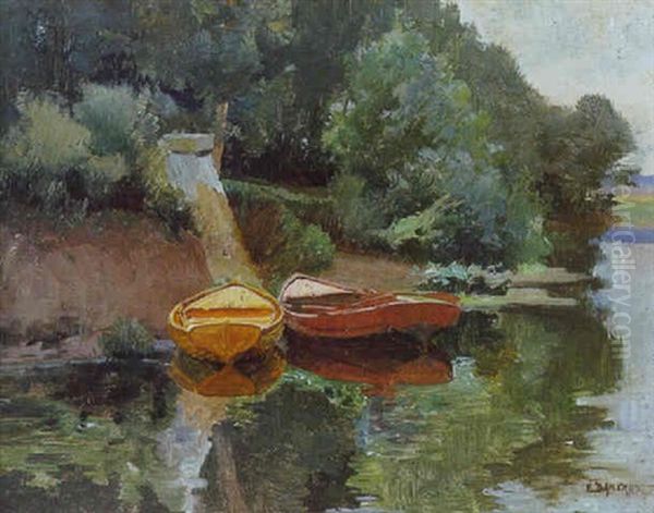 Les Barques Au Bord De La Riviere Oil Painting by Emile Charles Dameron