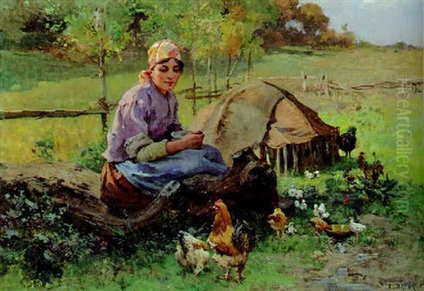 Feeding The Chickens Oil Painting by Emile Charles Dameron