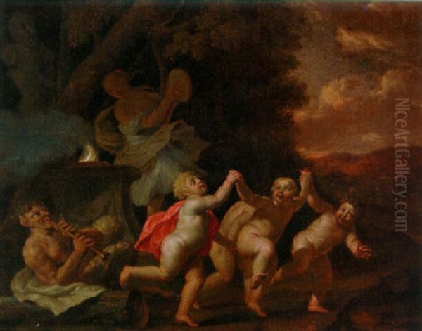 Putti And A Maenad Dancing To A Piping Satyr Oil Painting by Walther Damery