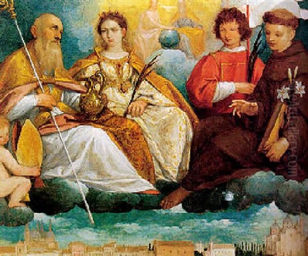 Saints Prodocimus, Giustina, Daniel And Anthony Abbott With The Holy Trinity Oil Painting by Pietro Damini