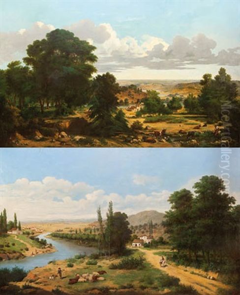 Paisajes Con Rebanos (pair) Oil Painting by Joaquin Damis Cortes