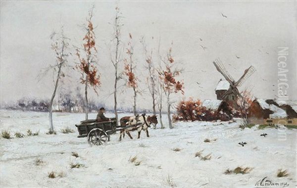 Winter View With Farmer And Ox-cart Oil Painting by Frans Van Damme