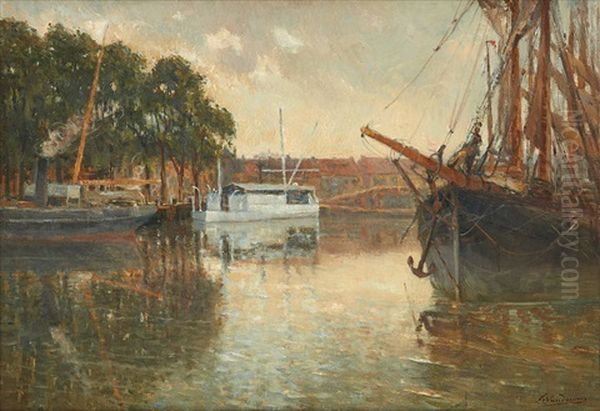 Coucher De Soleil Sur Le Canal Oil Painting by Frans Van Damme