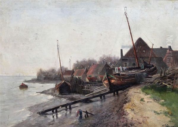 Bateau De Pecheur Echoue Pres D'un Village Au Bord De L'escaut Oil Painting by Frans Van Damme