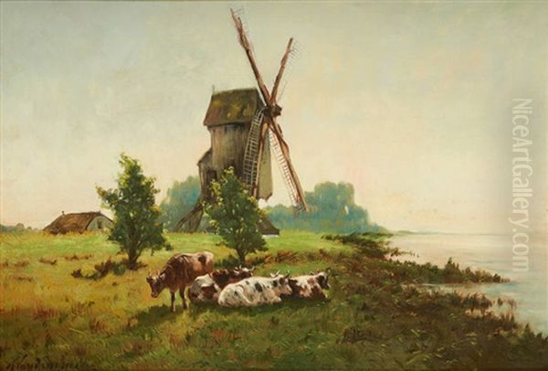 Vaches Sur Fond De Paysage Avec Moulin Oil Painting by Frans Van Damme